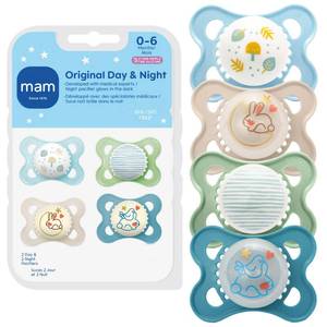 lot 14353 image: MAM Original Baby Pacifiers 0-6 Months, Binky for Newborn Babies, BPA-Free Skin Soft Silicone Nipple, Glows in The Dark, Developed with Medical Experts, 4 Count, Made in Europe