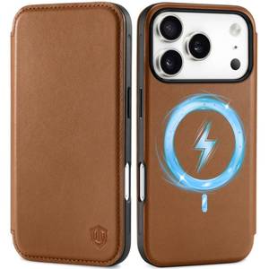 lot 14390 image: SHIELDON Real Leather Slim Case Wallet for iPhone 17 Pro 6.3-inch  Flip, Wireless Charging, Magnetic Closure, RFID Blocking Credit Card Holder, Full Protective Phone Cover - Saddle Brown