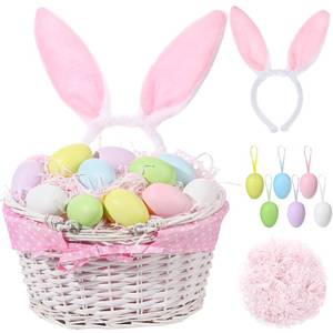 lot 14399 image: SiliFine Easter Bunny Gift Basket Set Include Wicker Basket with Liner Gingham, Easter Bunny Headband, Easter Eggs, Raffia Paper Grass, Easter Gift for Party Favor Decoration(Pink)