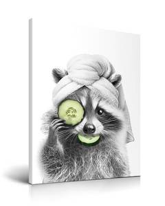 lot 14409 image: HesenDot Raccoon with Cucumber Mask Framed Wall Art,12x16in Funny Racoon Canvas Print, Whimsical Black and White Wall Decor,Cute Animal Poster for Bathroom Kid Room Bedroom Nursery, 1 Pack