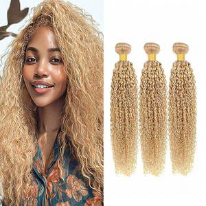 lot 14415 image: CISMMEUYE Color 27 Human Hair Honey Blonde Kinky-curly Bundles 26 28 30 inch Double Weft Unprocessed Brazilian Virgin Hair Extensions 10A Grade Blonde Color Curly Wave Bundles Silky Soft for Women