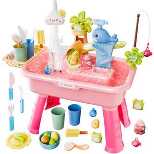 lot 15097 image: Cosminy 2026 Upgraded Water Table for Toddlers 3, Water Table for Kids Ages 4-8 with Pump, Play Sink with Running Water, Kitchen Sink for Toddlers, Fishing Game and Outside Sensory Toys (Pink)
