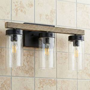 lot 15104 image: Farmhouse Vanity Light, Rustic Vintage Wall Sconce, Bathroom Wood Wall Light Over Mirror with Clear Glass Shade.(Pinewood, 3-Light)