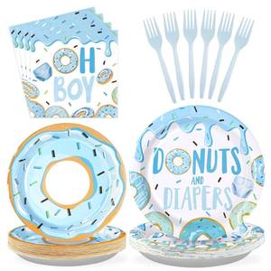 lot 15115 image: 96Pcs Donut Baby Shower Decorations for Boy Blue Donut Party Plates and Napkins Disposable Donuts and Diaper Paper Tableware Set for Boys Donuts Theme Baby Shower Party Supplies, Serves 24