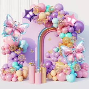 lot 15126 image: 163Pcs Butterfly Pink and Purple Balloons Garland Arch Kit, Birthday Baby Shower Decorations Pink Purple Blue Confetti Star Balloons for Girls Women Mother Day Butterfly Party Baby Shower Supplies