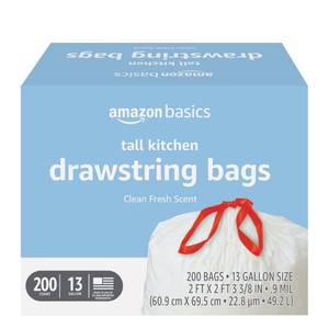lot 15133 image: Amazon Basics Scented Trash Bags, Tall Kitchen Drawstring, Clean Fresh Scent, 13 Gallon, 200 Count, Pack of 1