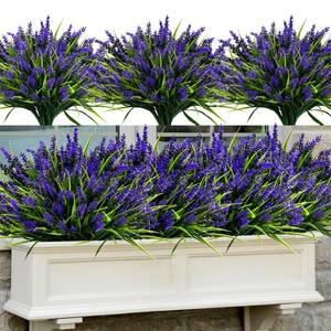 lot 15142 image: Geegoods Artificial Plants Flowers Outdoor �� 48 Bundles UV Resistant Faux Lavender Flowers with Monkey Grass for Garden Porch Window Patio Hanging Planter Decor