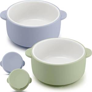 lot 16369 image: Domensi 2 Sets Kids Porcelain Bowls with Suction Sleeves Toddler Suction Bowl Upgrade Durable Microwave Dishwasher Safe Cereal Soup Snack Dishes for Baby Children Feeding Supplies (Blue and Green)