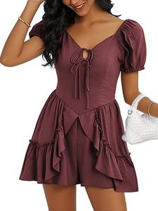 lot 16400 image: ECOWISH Womens Summer Short Rompers Tie Front V Neck Short Sleeve Ruffle Hem Beach Romper Dress with Pockets 2026 Bean Paste Medium