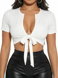 lot 16405 image: JDEEO Womens Tie Front Crop Top Short Sleeve Deep V Neck Knot Front T Shirt Casual Summer Top White Medium