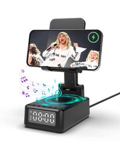 lot 16408 image: Birthday Gifts for Men Women,Cell Phone Stand with Wireless Bluetooth Speaker,Wireless Phone Charger Stand Alarm Clock for iPhone,Holiday Gifts for Men Women Dad Mom Husband Teen Cool Tech Gadgets