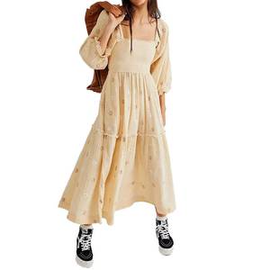 lot 16418 image: ABYOVRT Women Floral Embroidered Maxi Dress Long Puff Sleeve Square Neck Bohemian Flowy Dress with Pockets Summer Fall (Beige,M)