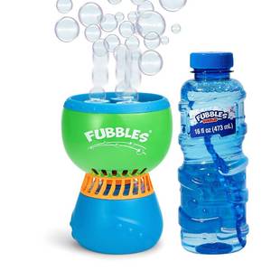 lot 16437 image: FUBBLES NO Spill Funfiniti Bubble Machine  Blows One Hour of Non Stop Bubbles  Amazon Exclusive Toy Set Includes 36oz of Non Toxic Refill Solution (Bubble Solution Bottle Colors Will Vary)