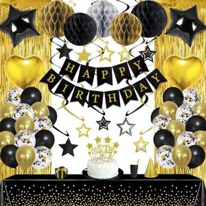 lot 16450 image: Black Gold Birthday Party Decorations Supplies Happy Birthday Banner Honeycomb Balls Fringe Curtain Foil Balloons Hanging Swirls Cake Topper Tablecloth Party Supplies for Boys Men
