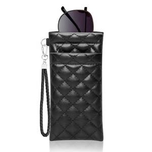 lot 16456 image: Yantoers Double Eyeglass Case Squeeze Top Glasses Pouch, Leather Soft Sunglasses Case with Carrying Strap (Black)