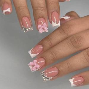 lot 16469 image: Medium Square Press on Nails French Tip Fake Nails with Sparkly Rhinestones 3D Bow Designs White Pearl False Nails Full Cover Acrylic Glue on Nail Artificial Stick on Nail for Women Girls Manicure