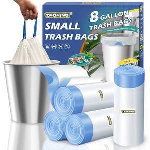 lot 17760 image: T.FORING 8 Gallon Trash Bags Drawstring 1.2 Mil - 100 Count White Medium Garbage Bags Unscented, 30 Liter Thick Plastic Trash Can Liners for Home Kitchen Bathroom