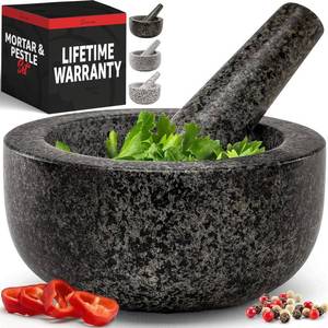 lot 17764 image: Priority Chef Heavy Duty Mortar and Pestle Set, 1.5 Cup, 100% Granite, Non Slip Base, Make Fresh Guacamole, Salsa, Pesto, Stone Grinder Bowl, Herb Crusher, Spice Grinder, 5.5 Inch - Black