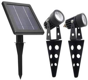 lot 18310 image: MINI 50X Twin Solar-Powered Cast Aluminium Warm White LED Spotlight 60-100 Lumen Per Light Fixture for Outdoor Garden Yard Landscape Downlight