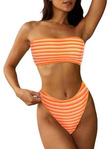 lot 18319 image: ZAFUL Women Strapless Wave Bandeau Bikini 2 Piece Swimwear Cheeky Solid Lace up Bathing Suits 14-Orange L