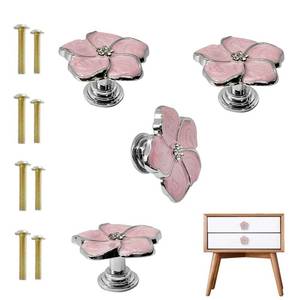 lot 18326 image: YDDXAQHB 4pcs Petal Handles Zinc Alloy Single Hole Flower Shape Inlaid Rhinestone Drawer Pull Kitchen Handle for Dresser Closet Furniture Handle��Pink Silver��