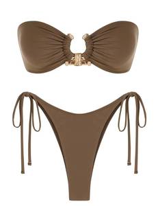 lot 18327 image: ZAFUL Womens Bandeau Bikini Strapless Metal Ring Cheeky Tie Side Bottom Swimsuits Pool Party Bikini Deep Coffee XL