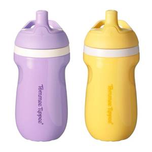 lot 18342 image: Tommee Tippee Insulated 9oz Sporty Spout Toddler Water Bottle, No Spill, Sippy Cups for Toddlers 1-3, Two-Piece Valve Helps Stop Spills, Yellow & Purple, BPA Free, Pack of 2