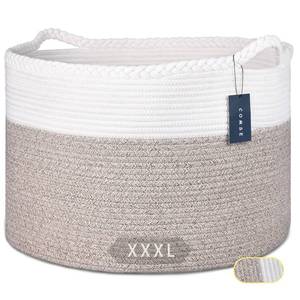 lot 18370 image: COMSE Extra Large Blanket Basket, Woven Laundry Basket, 21.7x 13.8, Nursery Hamper, Cotton Rope Laundry Hamper Living Room for Storage Toys Clothes Towels (White & Light Brown)