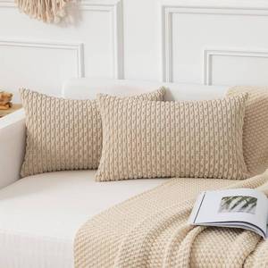 lot 18389 image: Kevin Textile Throw Pillow Covers Soft Corduroy Decorative Set of 2 Boho Striped Pillow Covers Pillowcases Farmhouse Home Decor for Couch Bed Sofa Living Room 12x20 Inch Beige