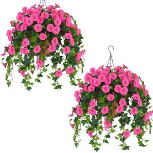 lot 19664 image: Waipfaru 2 Pack Artificial Hanging Plants Outdoors, Hanging Flowers with Basket for Front Porch Patio Summer Decor (Fuchsia)