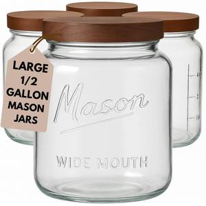 lot 19687 image: Kitchentoolz Half Gallon Glass Mason Jars with Airtight Push to Close Wooden Lids - Food Storage & Canning Jars with Measurement Markings - Pantry Containers for Flour, Sugar & Dry Goods - 64 oz (4pk)