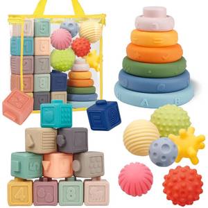 lot 19701 image: Montessori Baby Toys - Soft Baby Blocks, Stacking Rings & Sensory Balls, 24Pcs 3-in-1 Teething Toys Set for Babies 6-12 Months, Building Blocks Easter Birthday for Boys Girls