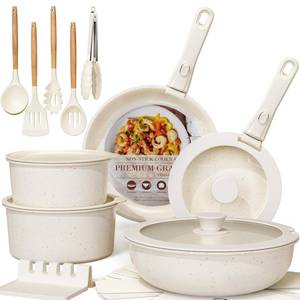 lot 19709 image: Astercook 21 Pcs Pots and Pans Set Non Stick, Ceramic Cookware Set Detachable Handle, RV Kitchen Cooking Set Removable Handles, Oven Safe, Induction Ready, Stackable, Cream White, Mothers Day Gifts