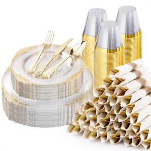 lot 19715 image: Bestluck 350PCS Clear Plastic Plates for 50 Guests, Disposable Dinnerware Sets Include 50 Gold Rim Plastic Plates, 25 Silverwares, 25 Cups, and 25 Pre Rolled Napkins for Party, Wedding and Graduation