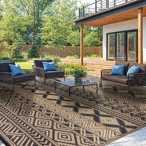 lot 19727 image: Waterproof Outdoor Rug 8x10 ft, Reversible Plastic Straw Patio Camping Rugs, Outdoor Indoor RV Mat Carpet for Patio, Outside Entry, Backyard, Deck, Bench, Picnic, Camper(8x10,Black&Brown)