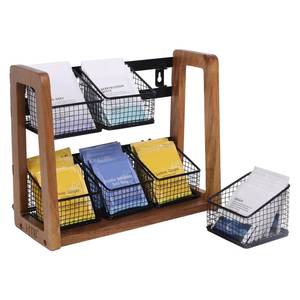 lot 19735 image: HTB 2 Tier Tea Organizer for Tea Bags, Tea Bag Holder with Acacia Wood Stand and 6 Removable Metal Basket for Sugar Packets, Sweeteners, Creamers for Cabinet, Countertop or Wall-mounted