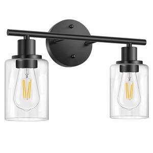 lot 19754 image: FOLKSMATE Bathroom Light Fixtures, 2 Light Matte Black Vanity Light, Vintage Wall Sconces Lighting, Modern Bath Wall Mounted Lights with Glass Shade
