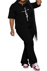 lot 20382 image: PINSV Womens Plus Size Sets 2 Piece Outfits Casual Short Sleeve Top and Flare Pants Tracksuit Black Black Cross Print 5XL