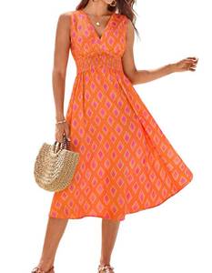 lot 20406 image: GRACE KARIN Womens 2025 Trendy Casual Tank Dresses V Neck Sleeveless A Line Midi Sundress with Pockets Orange Yellow Pattern M