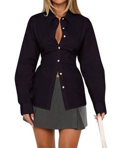 lot 20410 image: MISSACTIVER Womens Lapel Collar Button Down Shirt Cinch Waist Long Sleeve Casual Work Dressy Tunics Blouse Corset Tops Black, Med Size