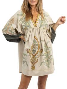 lot 20420 image: Joiemont Womens Oversized Embroidered Dress with V-Neck and 34 Sleeves Vintage Embroidery Babydoll Dress(0603-Olive-S)