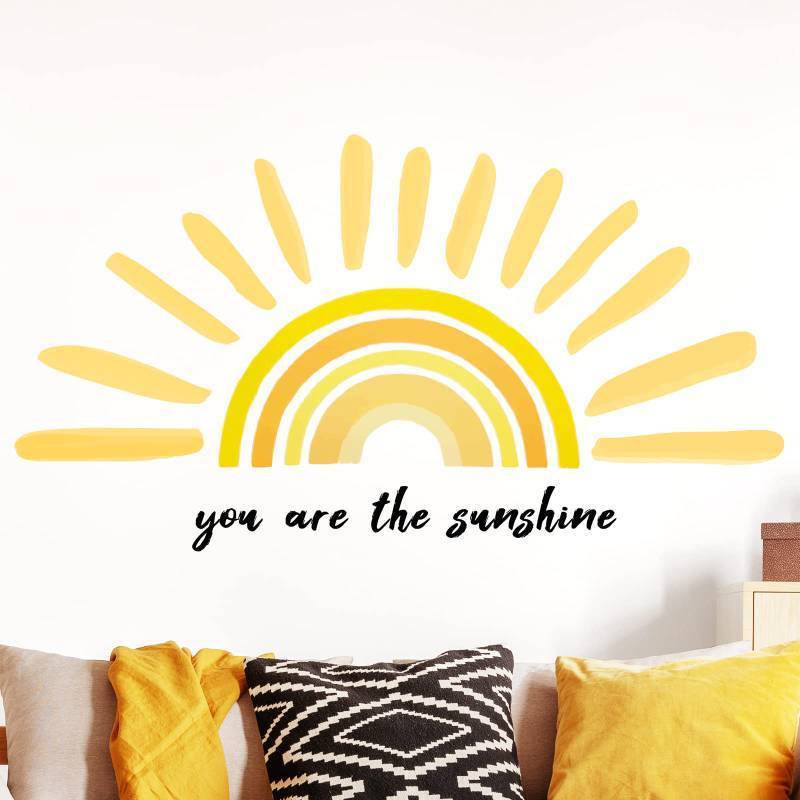 lot 32142 image: Henoyso 42 x 18 Inches Large Boho Half Sun Wall Decals You are The Sunshine Wall Stickers Rainbow Decals Peel and Stick Sun Decor Stickers for Kids Room Nursery Bedroom Classroom Playroom Decorations - Retail $12