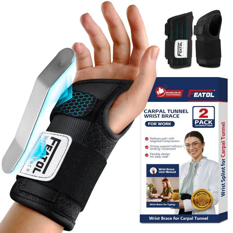 lot 48705 image: FEATOL 2 Pack Carpal Tunnel Wrist Brace For Work With Wrist Splint, 6.5 Wrist Brace Night Support For Women Men, Pain Relief For Tendonitis, Arthritis, Pregnancy, Typing, Right and Left Hand, Medium - Retail $29