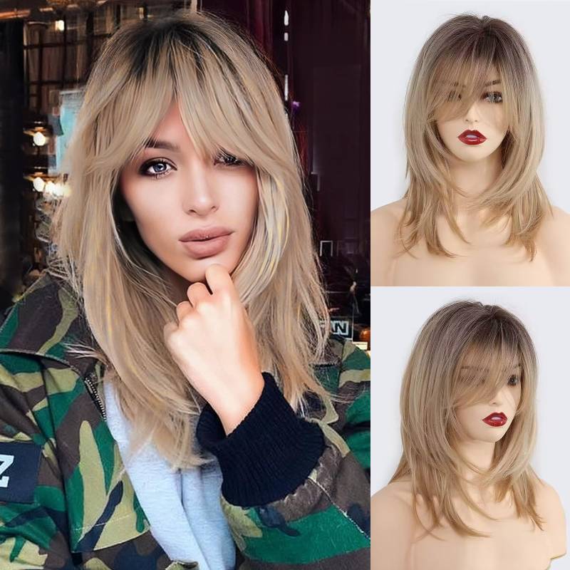 lot 51112 image: HAIRCUBE Blonde Wigs Shoulder Length Layered Wigs Long Curly Wigs for Women 18 Inch Wigs with Bangs - Retail $28