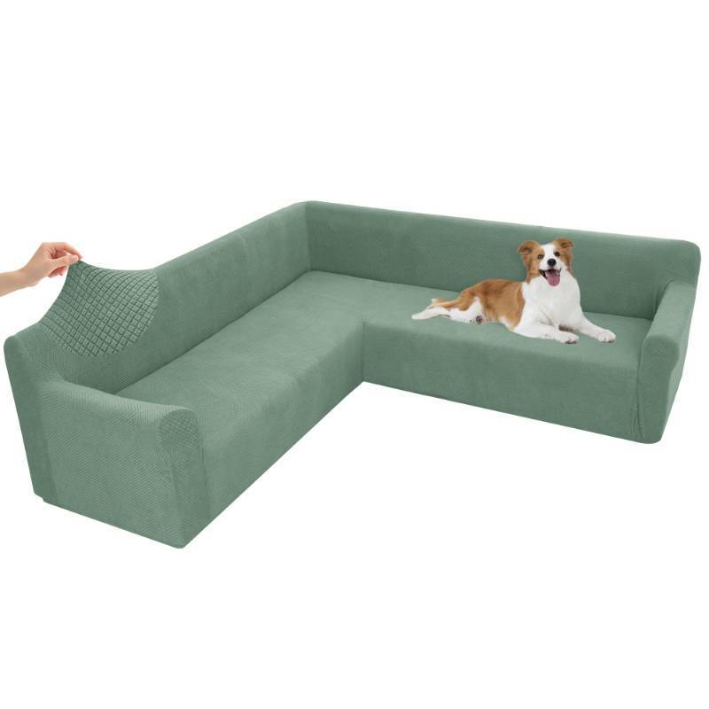 lot 61698 image: Arfntevss Stretch Sectional Couch Covers L Shaped Corner Sectional Sofa Cover Washable Jacquard Soft Fleece U Shape Sofa Slipcovers Anti Slip Furniture Protector for Dogs Pets (Large, Sage Green) - Retail $108