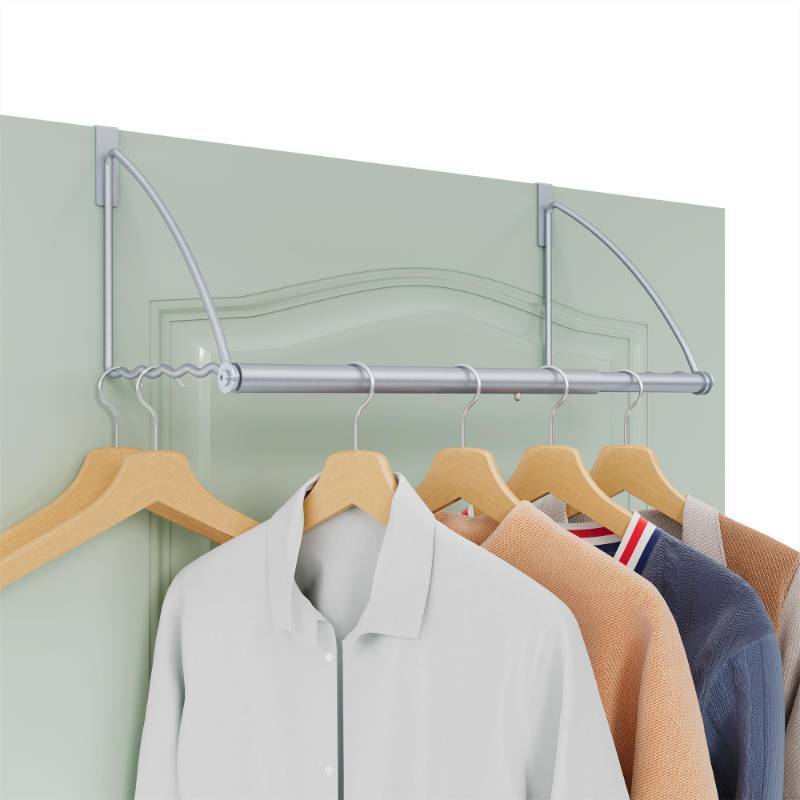 lot 32193 image: Tajsoon Over The Door Hanger Expandable & Adjustable, Over The Door Hooks for Hanging Towel & Coat, Door Rack Hanger for Bathroom, Bedroom, Washroom, Fits Doors up to 1�, Metal, Silver - Retail $19