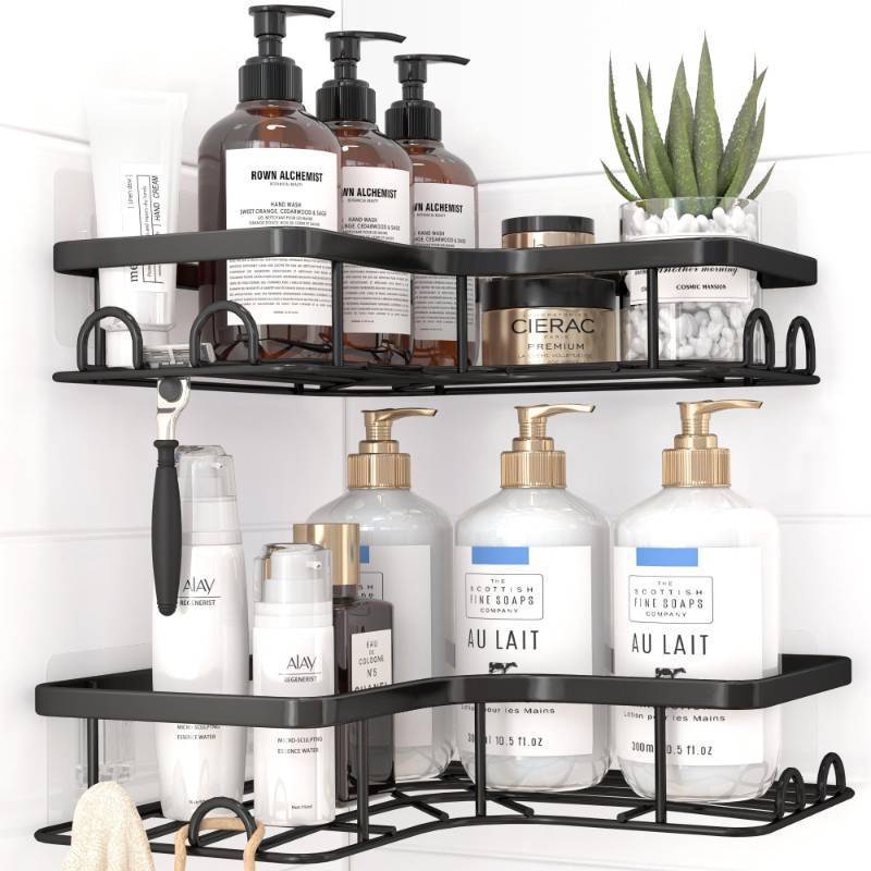 lot 32206 image: Sakugi Corner Shower Caddy - 2 Pack, Adhesive Shower Organizers, Rustproof Stainless Steel Shower Shelves with 8 Hooks, No Drilling Bathroom Organizers and Storage Racks, Space-Saving, Black, Medium - Retail $10