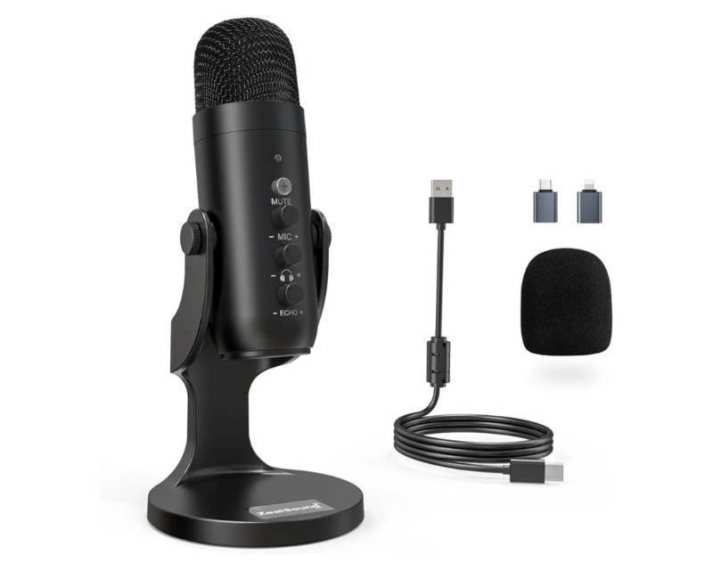 lot 43904 image: ZealSound Podcast Microphone for PC, Noise Cancellation USB Mic with Gain, Volume Adjustment & Mute Button, Monitoring & Echo, for YouTube, TikTok, Podcasting, Streaming, iPhone, iPad, Android, Mac - Retail $35