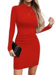 Missufe Women's Mock Neck Long Sleeve Ruched Bodycon Dress Casual Sheath Double Lined 2025 Dresses (Bright Red, Large) - Retail: $33