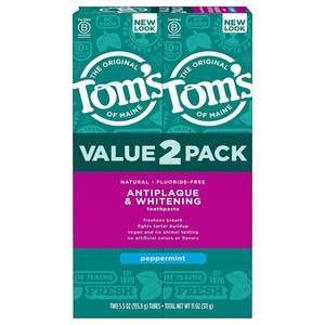lot 19517 image: Toms of Maine Fluoride-Free Antiplaque & Whitening Natural Toothpaste, Peppermint, 5.5 oz. (Pack of 2) - Retail $12